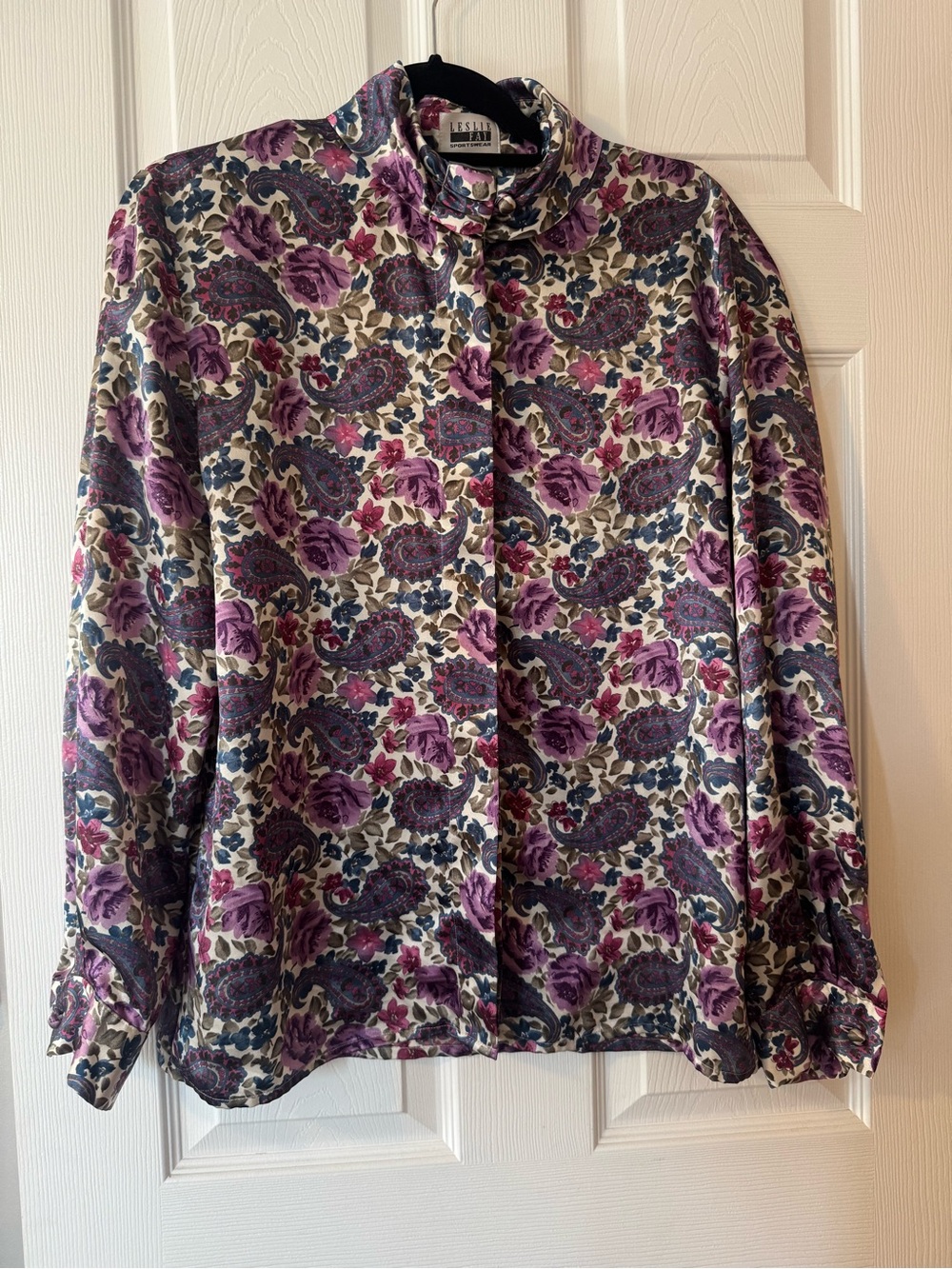 Leslie Fay Purple Floral Paisley Button-Down Blouse Sz 12